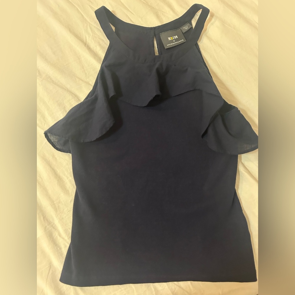 Maeve/Anthropologie Navy Blue Ruffled Halter Tank
